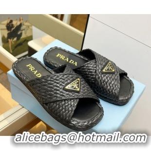 Cheap Price Prada Raffia straw crisscross flat slides sandal Black 2025 1XX750