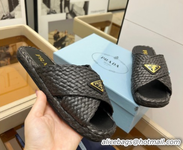 Cheap Price Prada Raffia straw crisscross flat slides sandal Black 2025 1XX750