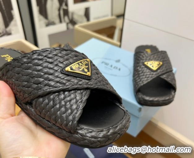Cheap Price Prada Raffia straw crisscross flat slides sandal Black 2025 1XX750