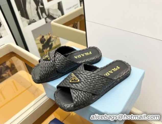 Cheap Price Prada Raffia straw crisscross flat slides sandal Black 2025 1XX750