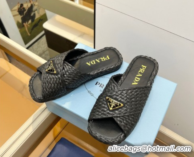 Cheap Price Prada Raffia straw crisscross flat slides sandal Black 2025 1XX750