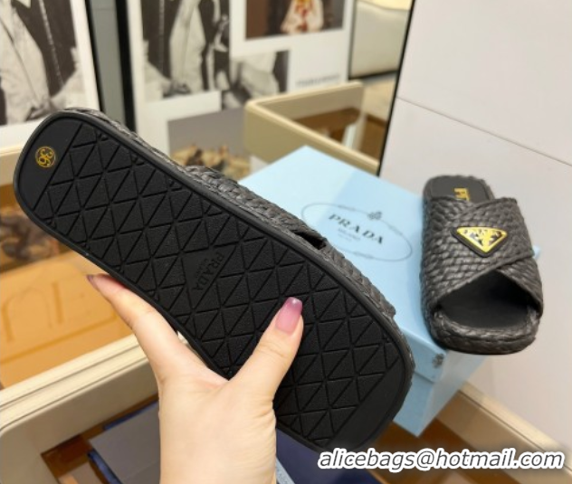 Cheap Price Prada Raffia straw crisscross flat slides sandal Black 2025 1XX750