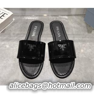 Buy Discount Prada Patent leather flat slides sandal Black 2025 PR060308
