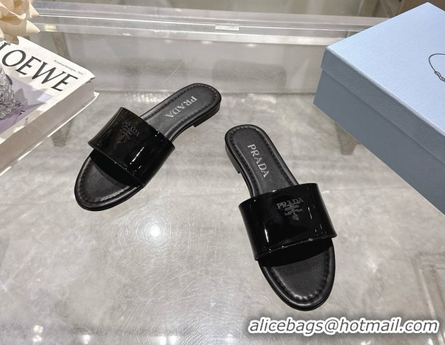 Buy Discount Prada Patent leather flat slides sandal Black 2025 PR060308