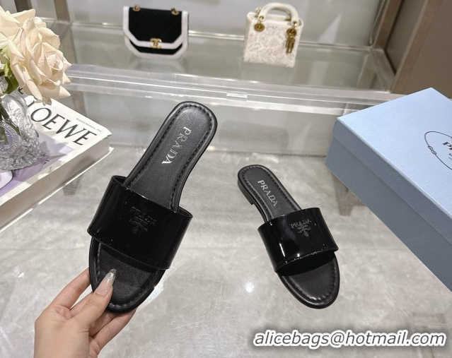 Buy Discount Prada Patent leather flat slides sandal Black 2025 PR060308