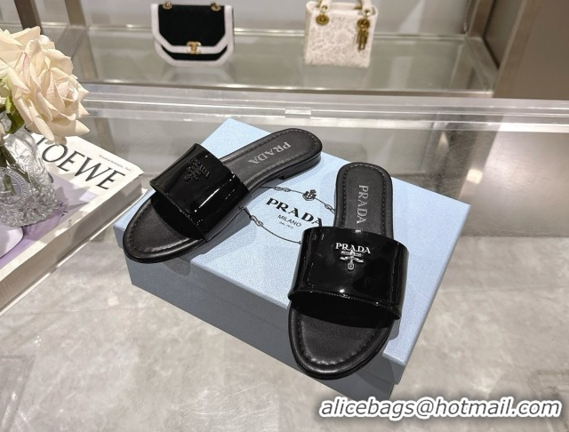 Buy Discount Prada Patent leather flat slides sandal Black 2025 PR060308