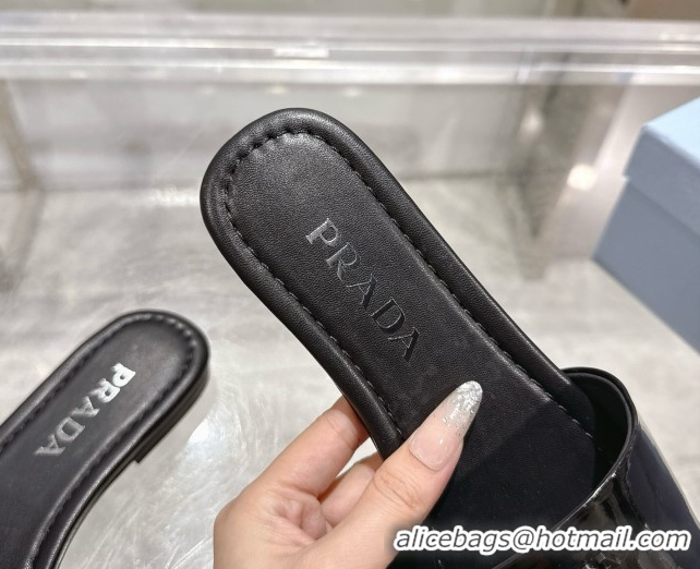Buy Discount Prada Patent leather flat slides sandal Black 2025 PR060308