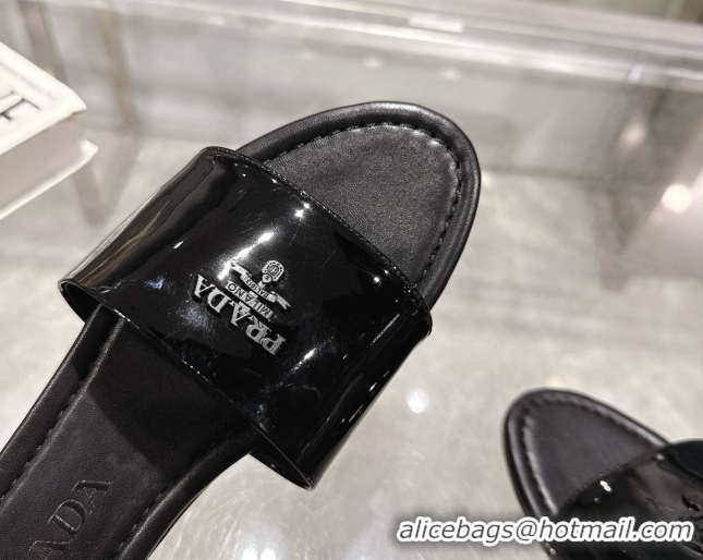 Buy Discount Prada Patent leather flat slides sandal Black 2025 PR060308