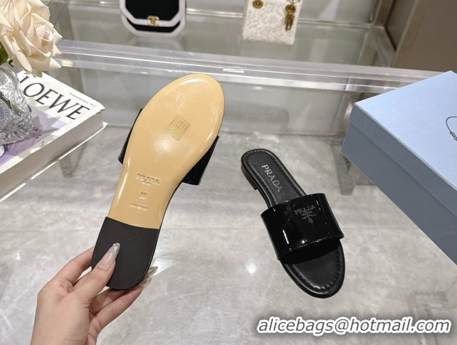 Buy Discount Prada Patent leather flat slides sandal Black 2025 PR060308