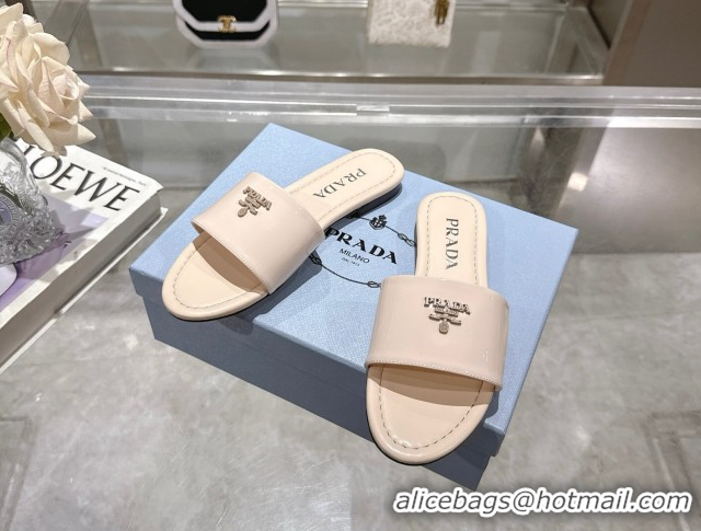 Big Discount Prada Patent leather flat slides sandal Nude Pink 2025 PR060308