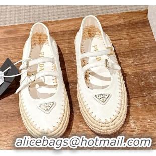 Low Price Prada Nappa leather and raffia straw ballerinas flat White 2025 1F869N