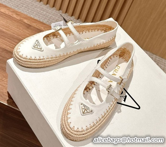 Low Price Prada Nappa leather and raffia straw ballerinas flat White 2025 1F869N