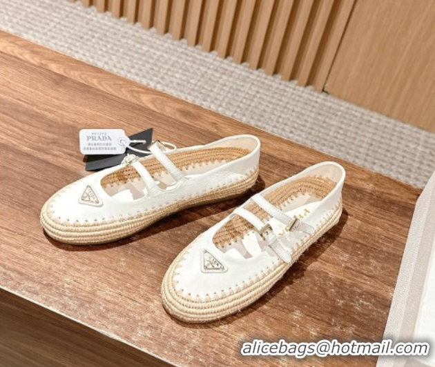 Low Price Prada Nappa leather and raffia straw ballerinas flat White 2025 1F869N