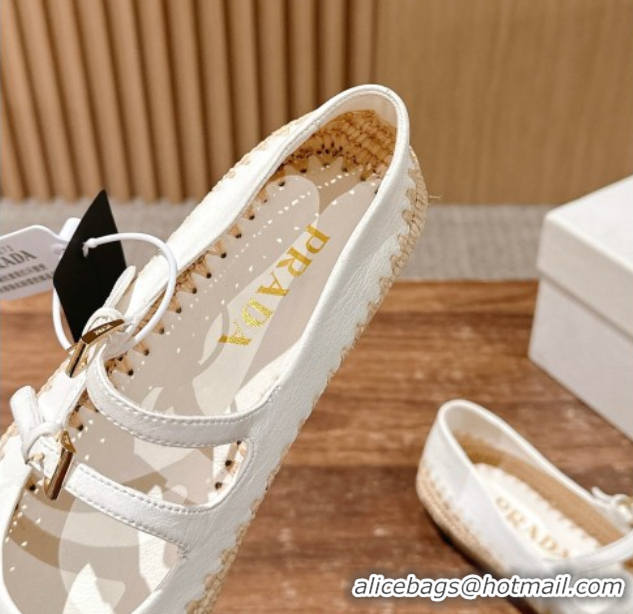 Low Price Prada Nappa leather and raffia straw ballerinas flat White 2025 1F869N