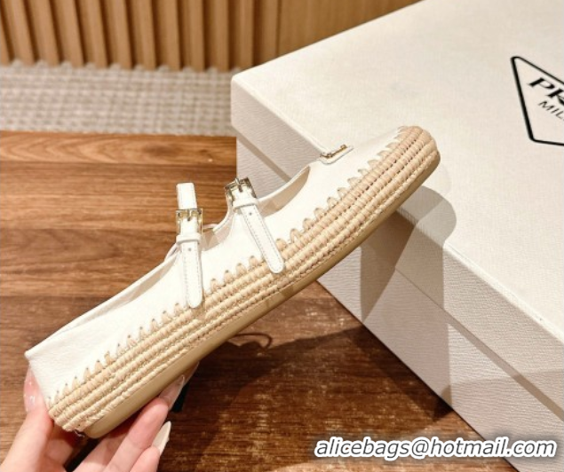 Low Price Prada Nappa leather and raffia straw ballerinas flat White 2025 1F869N