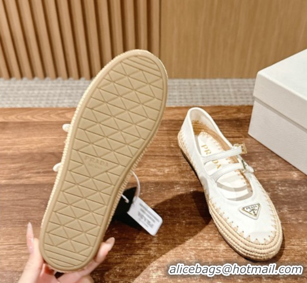 Low Price Prada Nappa leather and raffia straw ballerinas flat White 2025 1F869N