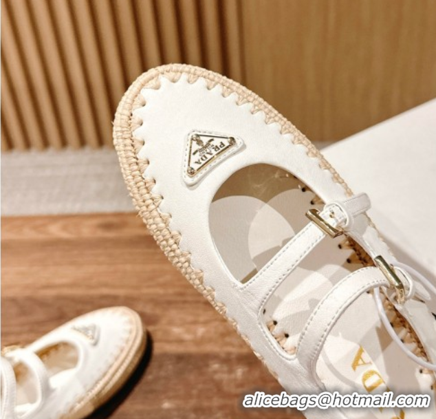 Low Price Prada Nappa leather and raffia straw ballerinas flat White 2025 1F869N