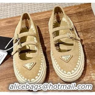 Shop Duplicate Prada Suede and raffia straw ballerinas flat Beige 2025 1F869N