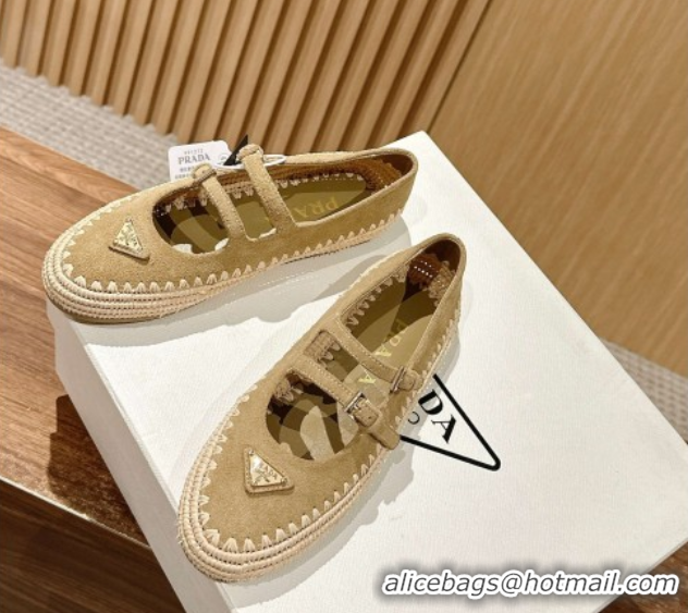 Shop Duplicate Prada Suede and raffia straw ballerinas flat Beige 2025 1F869N