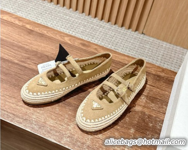 Shop Duplicate Prada Suede and raffia straw ballerinas flat Beige 2025 1F869N