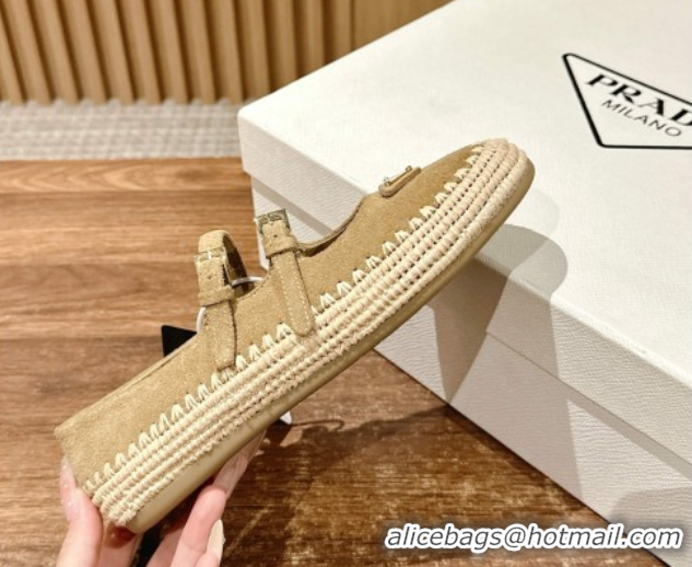 Shop Duplicate Prada Suede and raffia straw ballerinas flat Beige 2025 1F869N