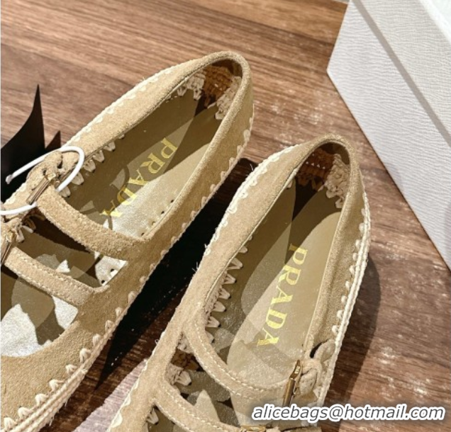 Shop Duplicate Prada Suede and raffia straw ballerinas flat Beige 2025 1F869N