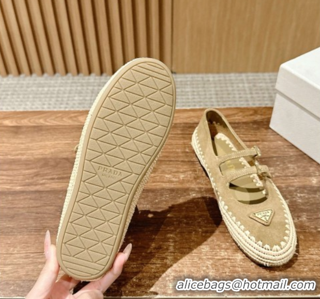 Shop Duplicate Prada Suede and raffia straw ballerinas flat Beige 2025 1F869N