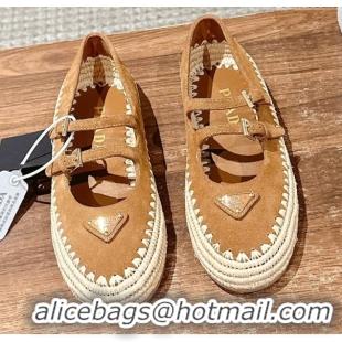Buy Luxury Prada Suede and raffia straw ballerinas flat Brown 2025 1F869N