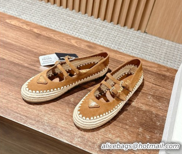 Buy Luxury Prada Suede and raffia straw ballerinas flat Brown 2025 1F869N