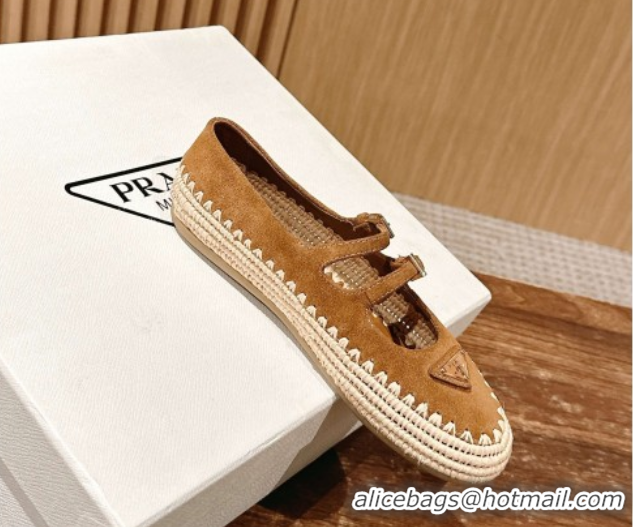Buy Luxury Prada Suede and raffia straw ballerinas flat Brown 2025 1F869N