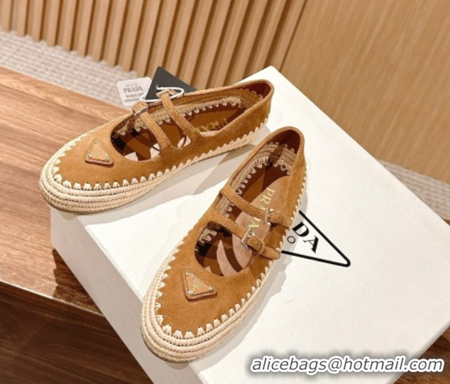 Buy Luxury Prada Suede and raffia straw ballerinas flat Brown 2025 1F869N