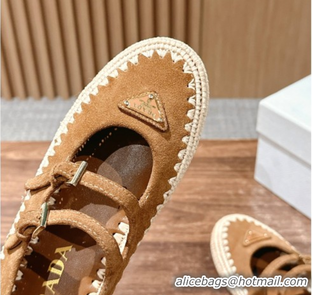 Buy Luxury Prada Suede and raffia straw ballerinas flat Brown 2025 1F869N