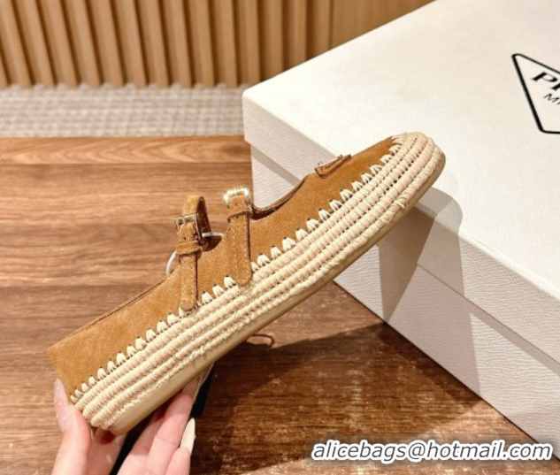 Buy Luxury Prada Suede and raffia straw ballerinas flat Brown 2025 1F869N