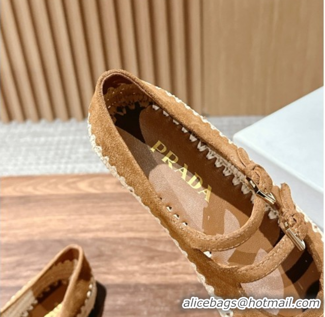 Buy Luxury Prada Suede and raffia straw ballerinas flat Brown 2025 1F869N