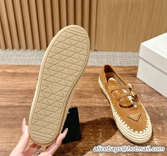 Buy Luxury Prada Suede and raffia straw ballerinas flat Brown 2025 1F869N