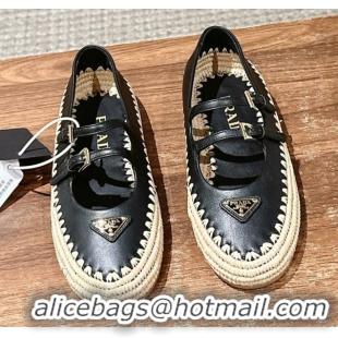Low Cost Prada Nappa leather and raffia straw ballerinas flat Black 2025 1F869N