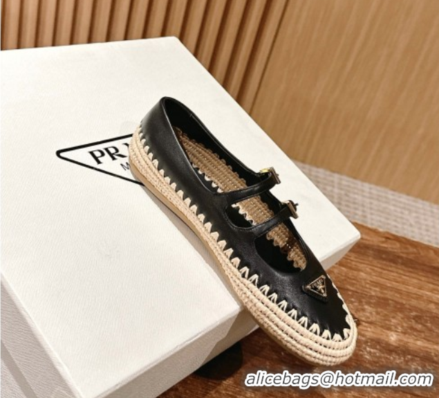 Low Cost Prada Nappa leather and raffia straw ballerinas flat Black 2025 1F869N