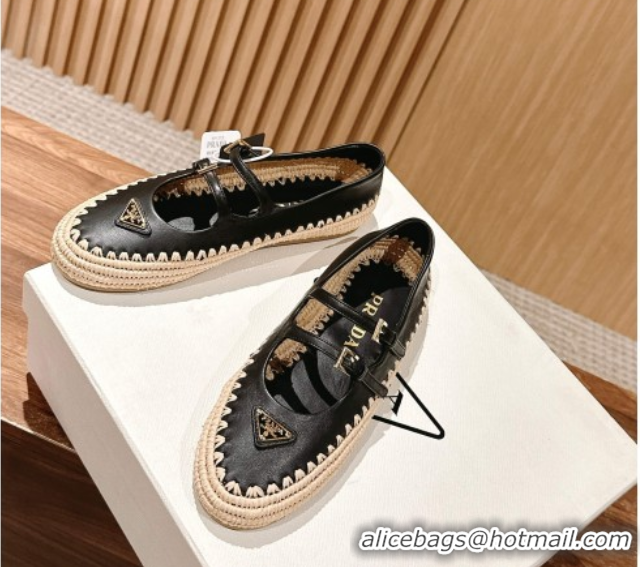 Low Cost Prada Nappa leather and raffia straw ballerinas flat Black 2025 1F869N