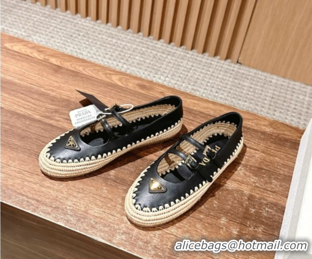 Low Cost Prada Nappa leather and raffia straw ballerinas flat Black 2025 1F869N
