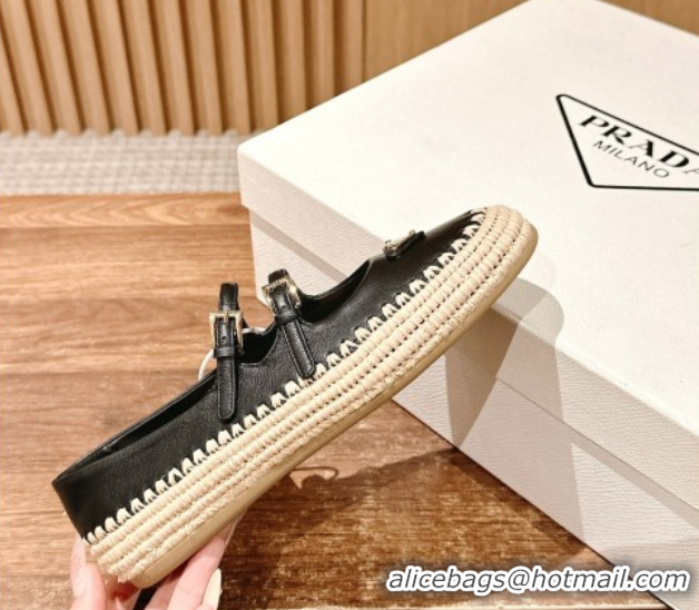 Low Cost Prada Nappa leather and raffia straw ballerinas flat Black 2025 1F869N