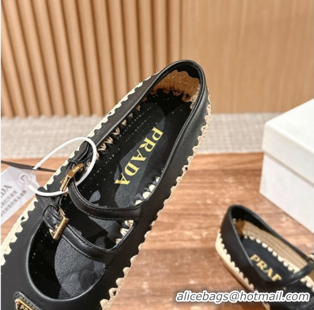 Low Cost Prada Nappa leather and raffia straw ballerinas flat Black 2025 1F869N