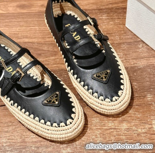 Low Cost Prada Nappa leather and raffia straw ballerinas flat Black 2025 1F869N