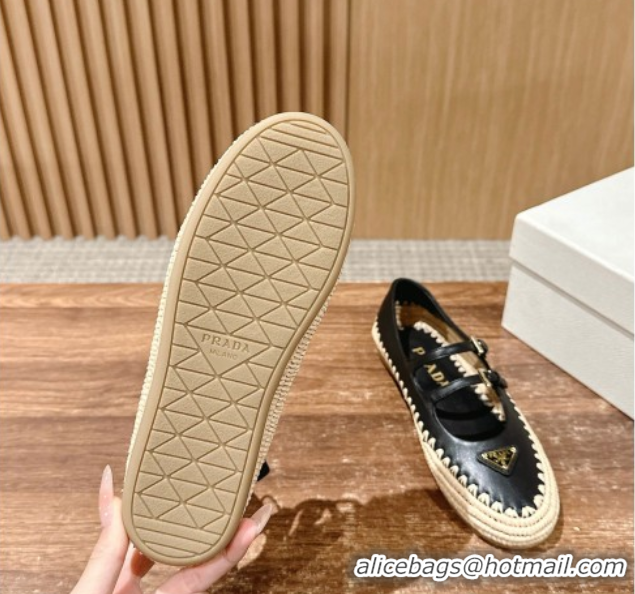 Low Cost Prada Nappa leather and raffia straw ballerinas flat Black 2025 1F869N