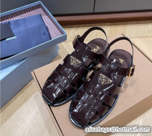 Shop Cheap Prada Brushed Leather Strap Sandals Dark Brown 2025 PR060309