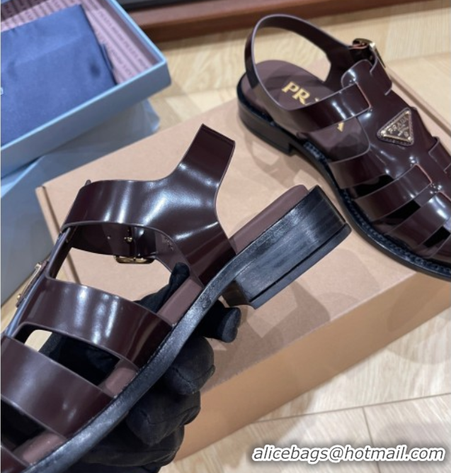 Shop Cheap Prada Brushed Leather Strap Sandals Dark Brown 2025 PR060309