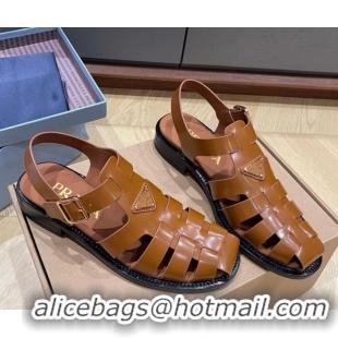 Buy Ladies Prada Brushed Leather Strap Sandals Tan Brown 2025 PR060309