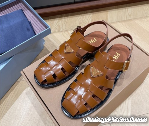 Buy Ladies Prada Brushed Leather Strap Sandals Tan Brown 2025 PR060309