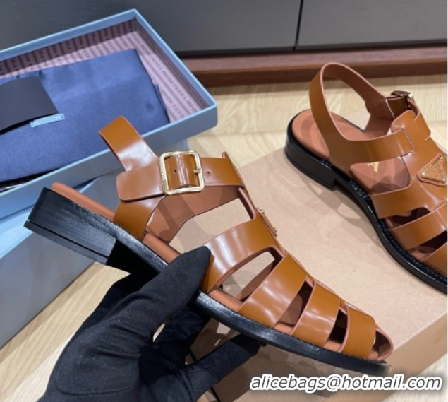 Buy Ladies Prada Brushed Leather Strap Sandals Tan Brown 2025 PR060309