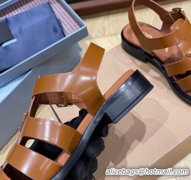Buy Ladies Prada Brushed Leather Strap Sandals Tan Brown 2025 PR060309