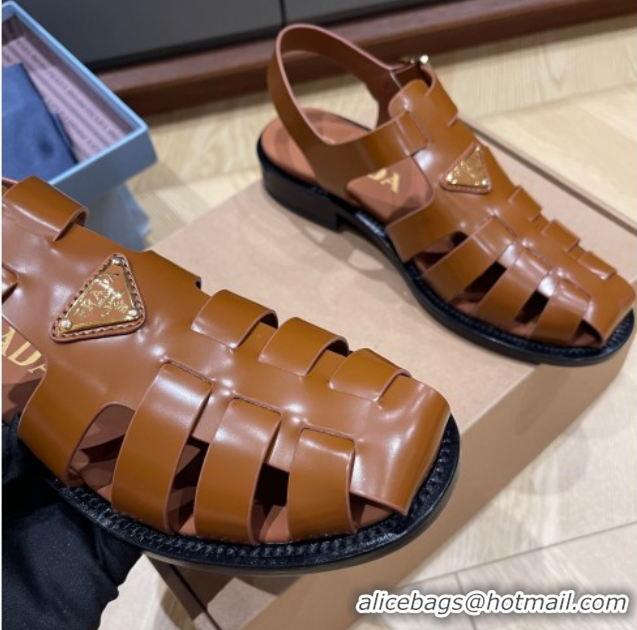 Buy Ladies Prada Brushed Leather Strap Sandals Tan Brown 2025 PR060309